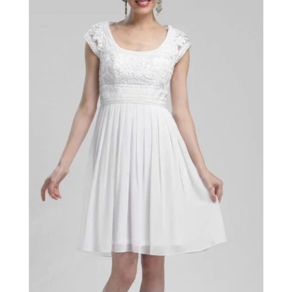 Sue Wong White Lace Bodice Midi Dress
